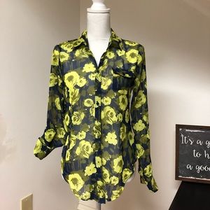 Navy/lime green floral blouse
